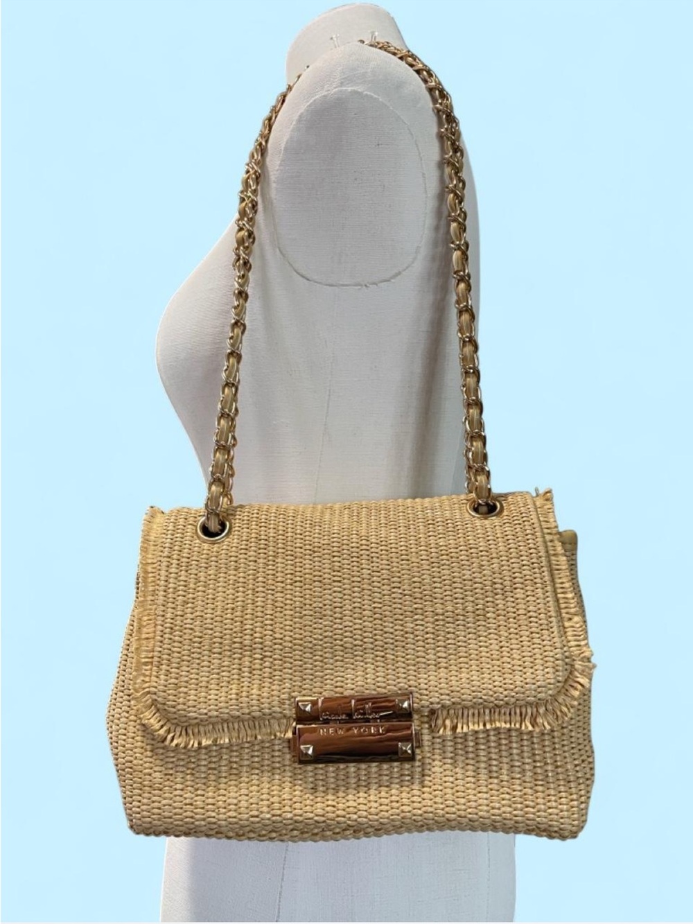 Nicole Miller New York Woven Straw Shoulder Bag with Gold Chain Strap - Beige